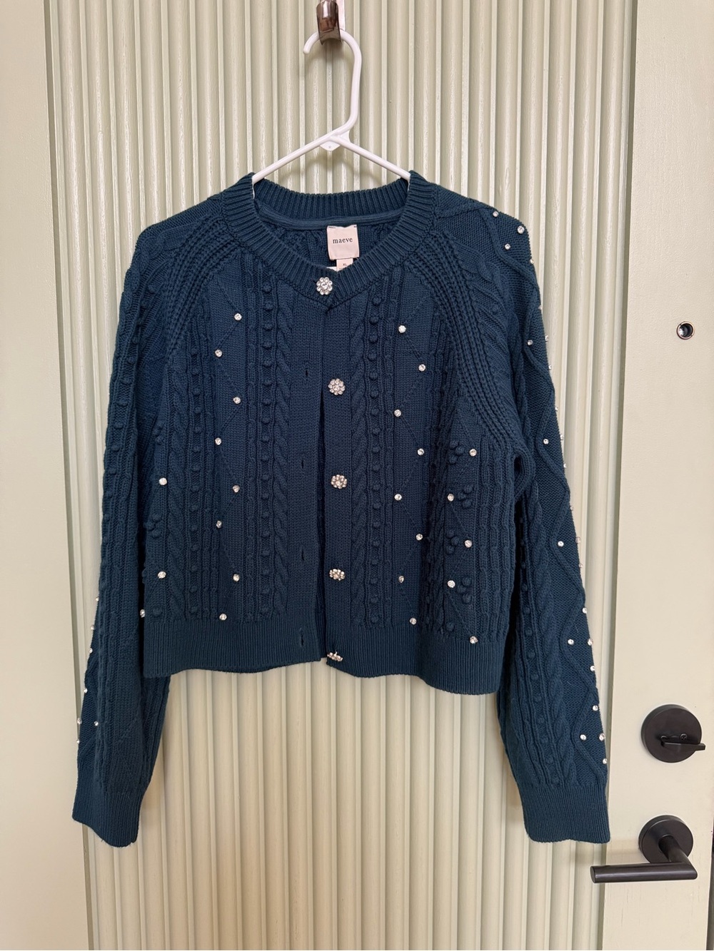Maeve Teal Cable Knit Cardigan with Pearl & Crystal Buttons Anthropologie